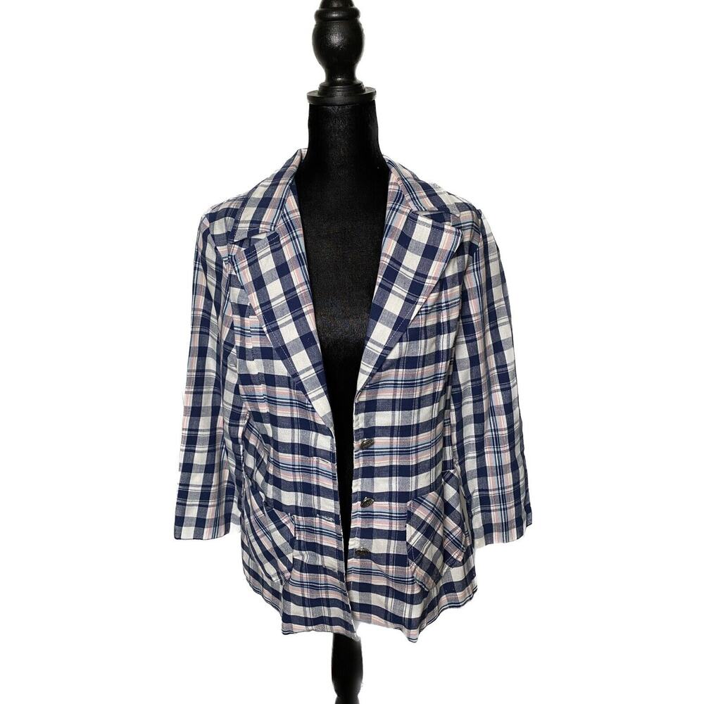 Avon Family Fashions Plaid Linen Open Jacket VTG Button Up Pink & Blue Cottage